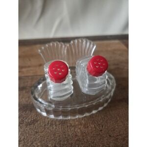 Hazel Atlas Pressed Glass Shell Shape Small Salt & Pepper Shakers w/Stand